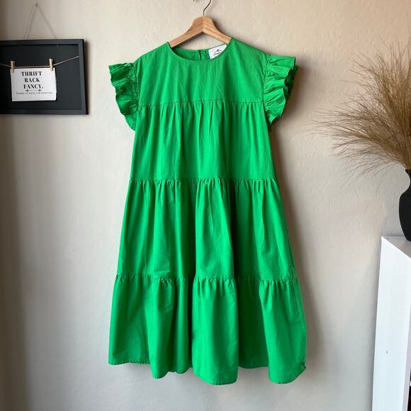 Marielle Almelo Dress Green Tiered Ruffle Sleeve A-Line Nap Cotton Midi Dress OS - Picture 3 of 8